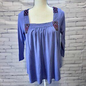Mudd Boho Embroidered Square Neck Tunic Top | Lilac Purple Peasant Style Blouse